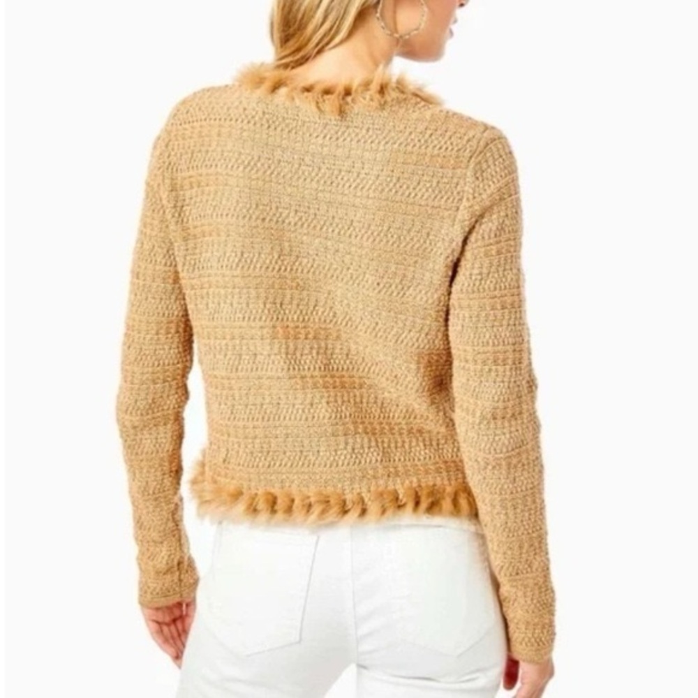 Lilly Pulitzer Preona Gold Metallic Cardigan Sweater with Faux Fur Trim XXS. - Picture 3 of 11